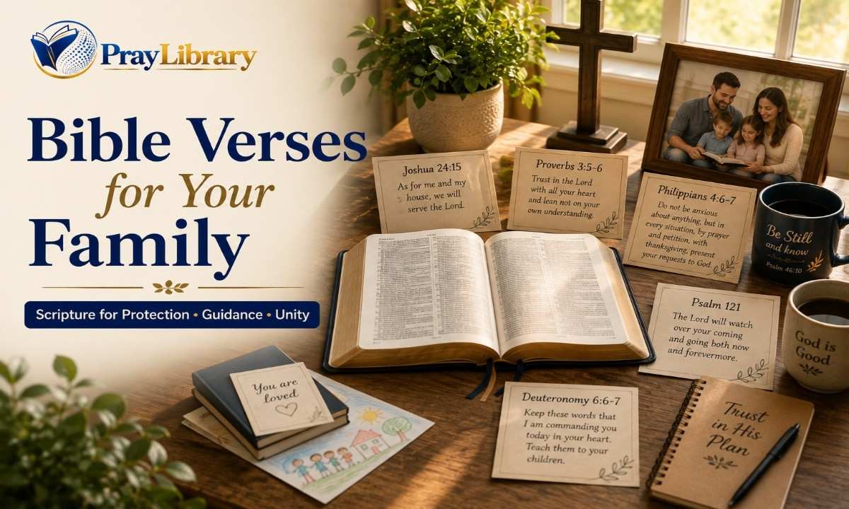 Open Bible with family Scripture verses for prayer, protection, guidance, and unity.