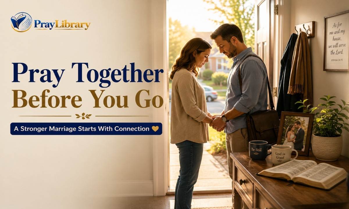Married couple praying together before leaving home for the day.