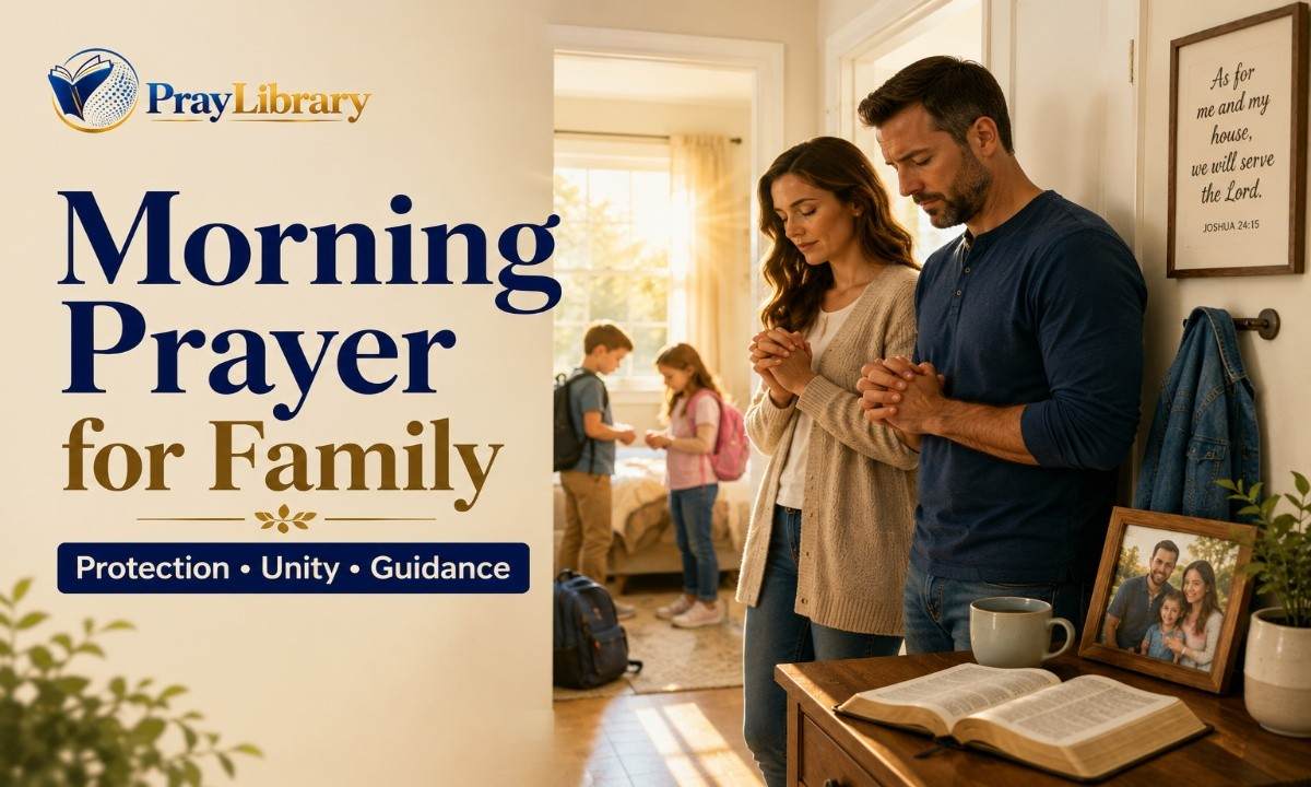 Parent praying with a child beside a window during a peaceful morning.