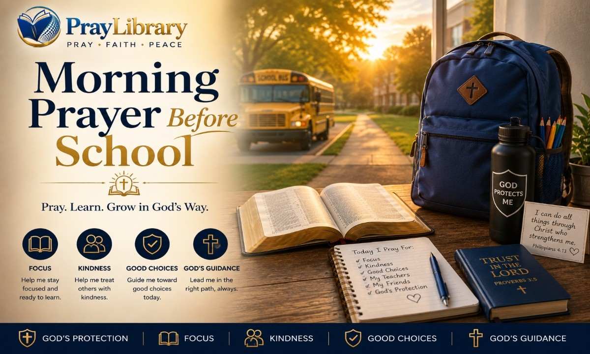 orning prayer before school with an open Bible, school backpack, prayer journal, pencils, and a sunny school bus scene representing focus, kindness, good choices, and God’s guidance.