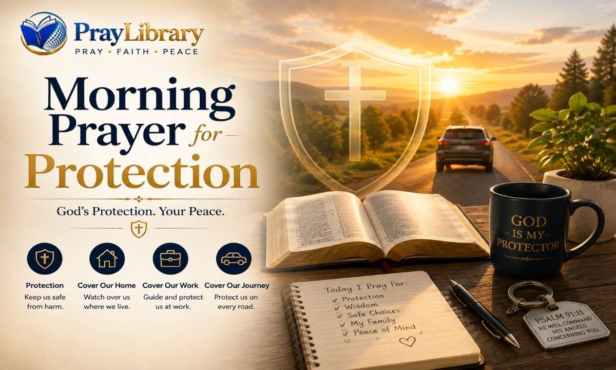 Morning prayer for protection with an open Bible, praying journal, sunrise road, protective shield, and Christian symbols representing safety, wisdom, and guidance.
