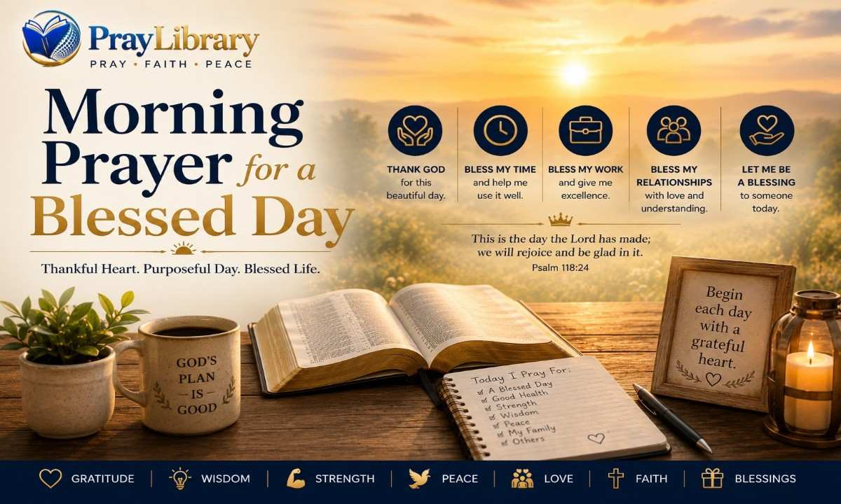 Morning prayer for a blessed day featuring an open Bible, prayer journal, sunrise, candle, and peaceful devotional setting representing gratitude, wisdom, strength, faith, and blessings.