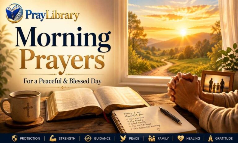 Morning prayers for a peaceful and blessed day with an open Bible and praying hands.