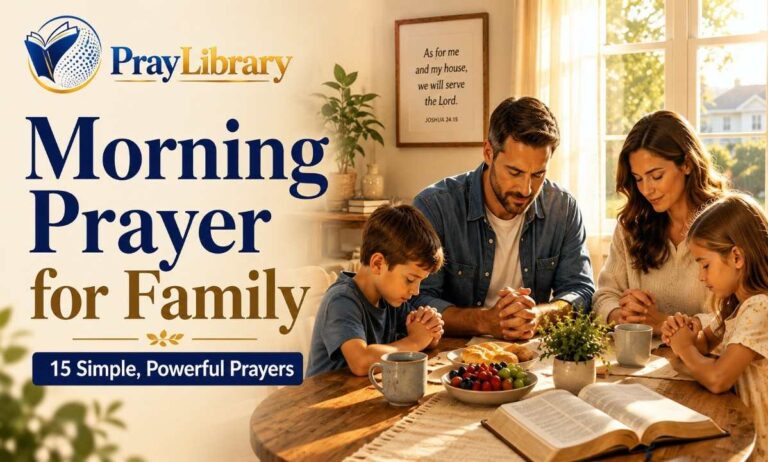 Family gathered around a breakfast table for morning prayer together.
