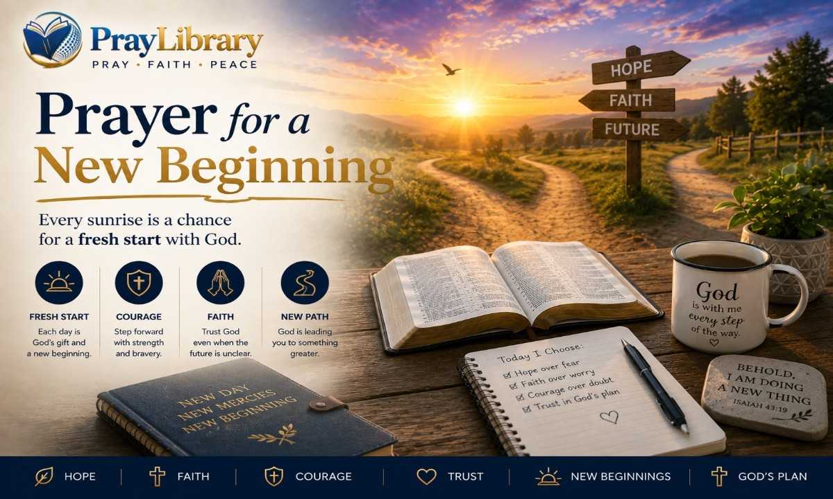 Prayer for a new beginning with an open Bible, prayer journal, sunrise, and new path representing hope, faith, courage, trust, and a fresh start with God.