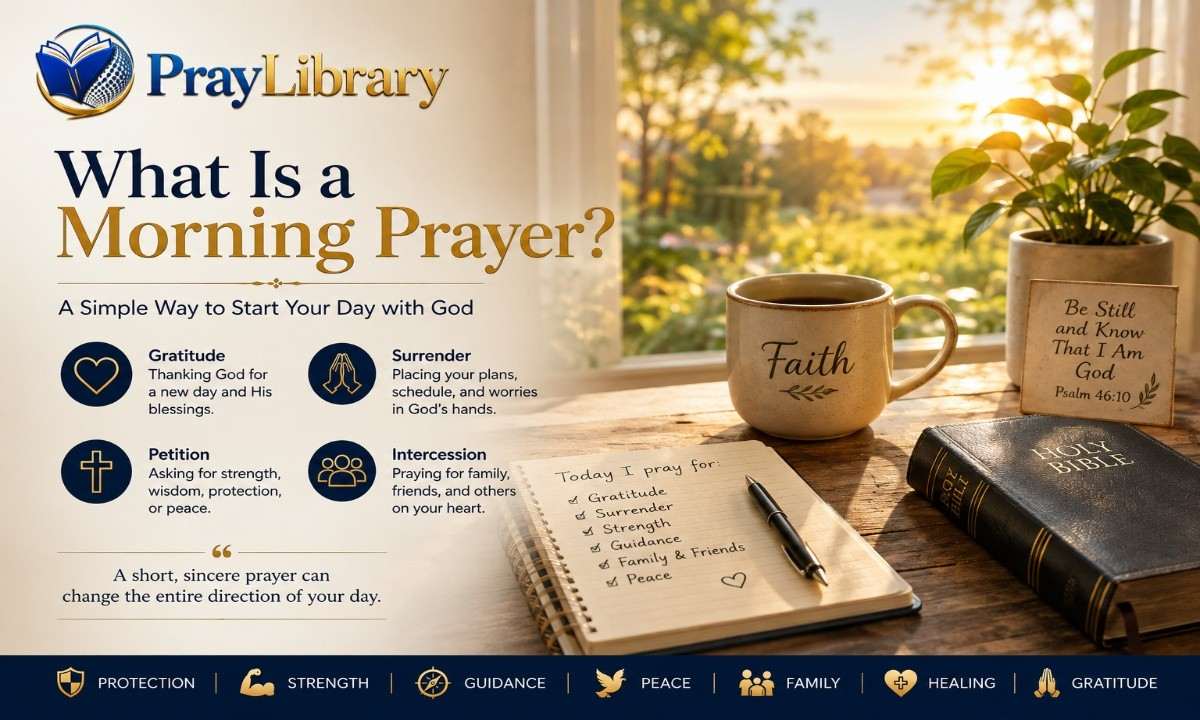 Open Bible, prayer journal, and coffee beside a sunrise window illustrating what a morning prayer is and its elements of gratitude, surrender, petition, and intercession.
